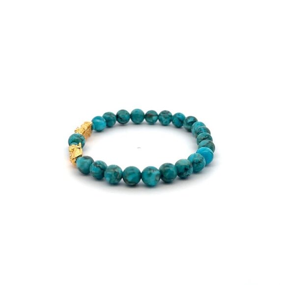 18K Gold Pixiu Double Piyao Bracelet Gemstones December Turquoise Birthstone 6mm - Picture 2 of 6